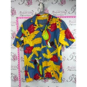 At ease shirt vintage Tropical Parrot Print Button-Down Shirt - Blue/Yellow/Red
